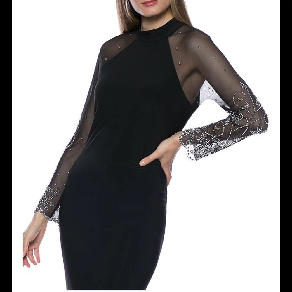 NWT,Marina dress Raglan Beaded Mesh Long Sleeve Crew Neck Jersey Sheath Gown - Picture 4 of 17